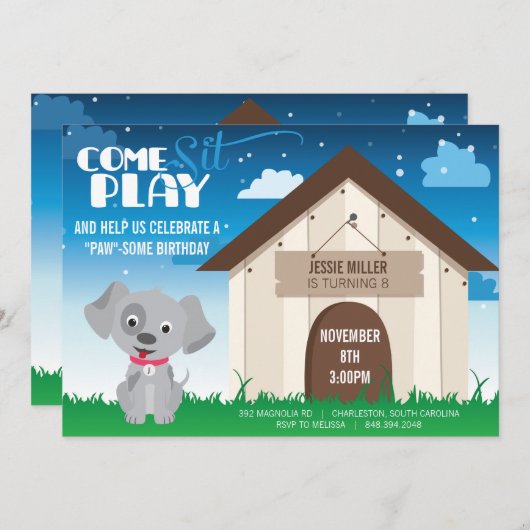 犬よくはしゃぐか子犬の誕生日パーティーの招待 招待状 (正面/裏面)