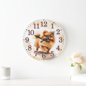 犬よくはしゃぐ恋人のポメラニア犬の子犬 ラージ壁時計 (ホーム)