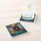 犬よくはしゃぐ水中スイミングデザイン ガラスコースター (アングル)