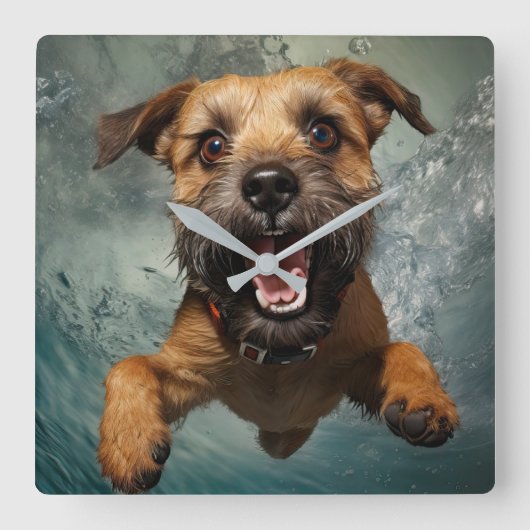犬よくはしゃぐ水中スイミングデザイン スクエア壁時計 (正面)