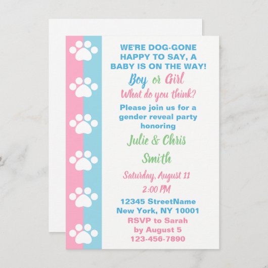 犬をテーマにしたジェンダーの表示パーティー 招待状 (正面/裏面)