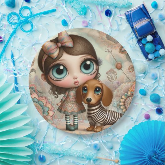 犬を初期の連れた大きな目の女の子 ペーパープレート (パーティー)