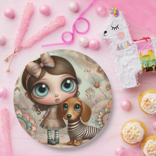 犬を初期の連れた大きな目の女の子 ペーパープレート (パーティー)