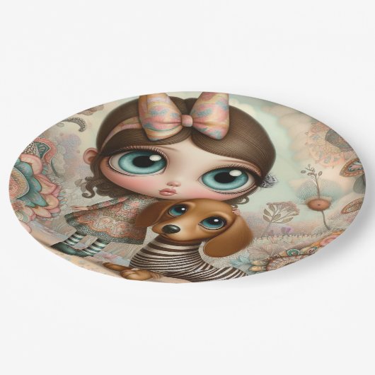 犬を初期の連れた大きな目の女の子 ペーパープレート (アングル)