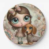 犬を初期の連れた大きな目の女の子 ペーパープレート (正面)