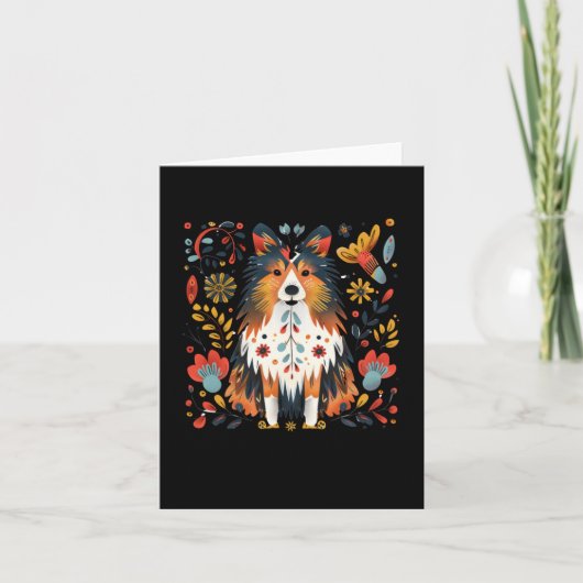 犬を囲むカラフルで幻想的なイラスト カード (正面)