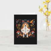 犬を囲むカラフルで幻想的なイラスト カード (黄色い花)