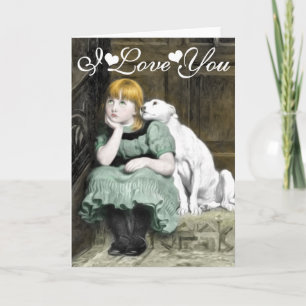 犬を愛でる少女 ヴィクトリアン絵画 I Love You カード
