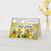 犬を持つ小さな女の子はおもしろいなバースデー・カードを育てます カード (黄色い花)