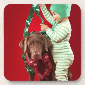 犬を飾っている小さい男の子 コースター (正面)