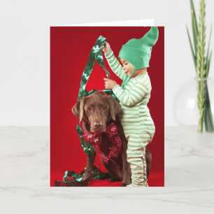 犬を飾っている小さい男の子 シーズンカード