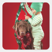 犬を飾っている小さい男の子 スクエアシール (正面)