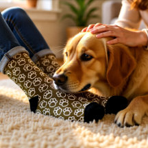 犬エレガントは茶色のオールオーバープリントソックスを歩く