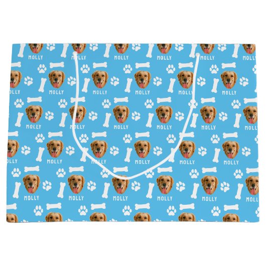 犬カスタマイズのペットの写真と名前ブルー ラージペーパーバッグ (正面)