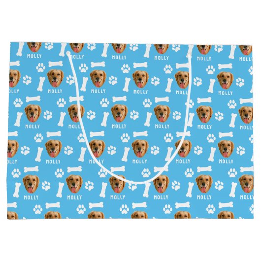 犬カスタマイズのペットの写真と名前ブルー ラージペーパーバッグ (裏面)