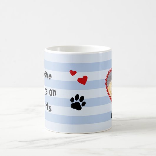 犬カスタムの写真の手はメモリの青を印刷 コーヒーマグカップ (中央)