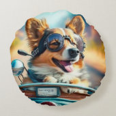 犬カッコいいのバイクもしくは自転車に乗る人、かわいい犬の枕の周り ラウンドクッション (裏面)