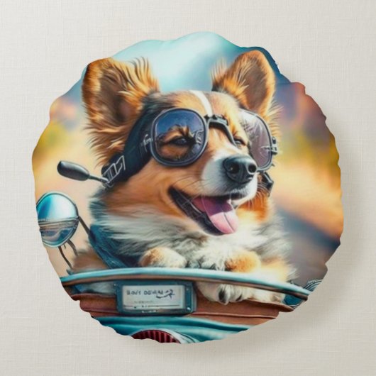 犬カッコいいのバイクもしくは自転車に乗る人、かわいい犬の枕の周り ラウンドクッション (裏面)