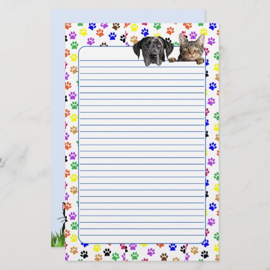 犬カラフルと猫が並ぶ足跡 便箋 (正面/裏面)