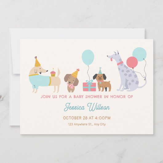 犬カラフルの赤ちゃん 招待状 (正面)