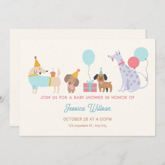 犬カラフルの赤ちゃん 招待状 (正面/裏面)