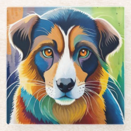 犬カラフル顔接写 ガラスコースター