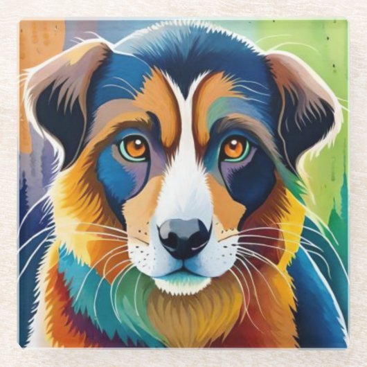 犬カラフル顔接写 ガラスコースター (正面)