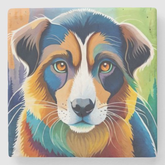 犬カラフル顔接写 ストーンコースター (正面)