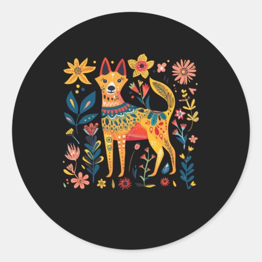 犬カラフルSの抽象芸術フォークアートイラストレーション ラウンドシール (正面)