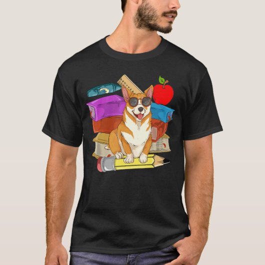 犬キッズスクール学生サングラスかわいいコーギ Tシャツ (正面)