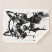 犬クールのヘッドフォンかわいいペット白黒インク シェルパブランケット (正面(横))