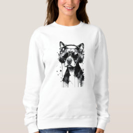 犬クールのヘッドフォンかわいいペット白黒インク スウェットシャツ