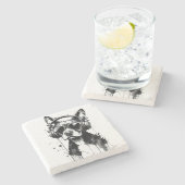 犬クールのヘッドフォンかわいいペット白黒インク ストーンコースター (横)