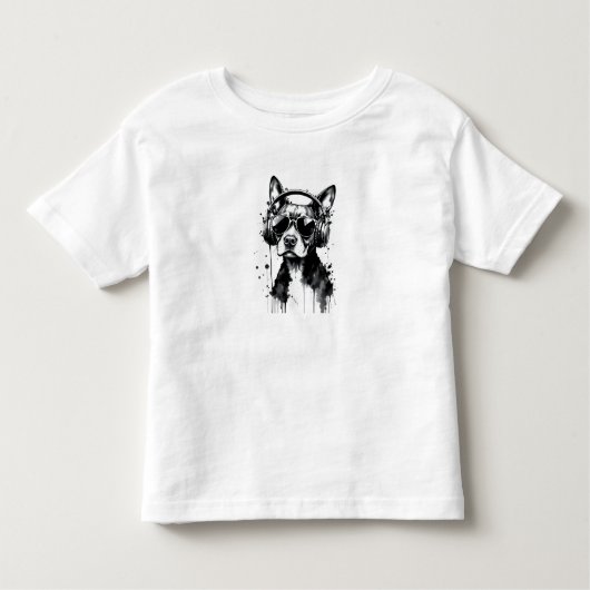 犬クールのヘッドフォンかわいいペット白黒インク トドラーTシャツ (正面)