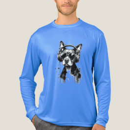 犬クールのヘッドフォンかわいいペット白黒インク トライブレンドTシャツ