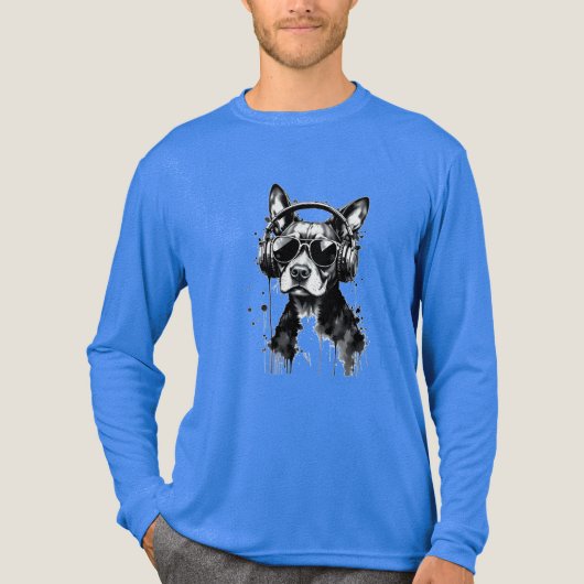 犬クールのヘッドフォンかわいいペット白黒インク トライブレンドＴシャツ (正面)