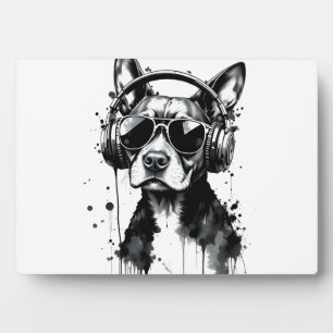 犬クールのヘッドフォンかわいいペット白黒インク フォトプラーク