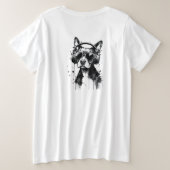 犬クールのヘッドフォンかわいいペット白黒インク プラスサイズTシャツ (デザイン裏面)