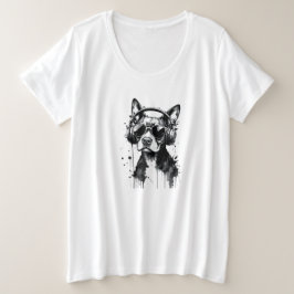 犬クールのヘッドフォンかわいいペット白黒インク プラスサイズTシャツ