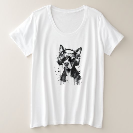 犬クールのヘッドフォンかわいいペット白黒インク プラスサイズTシャツ (デザイン正面)
