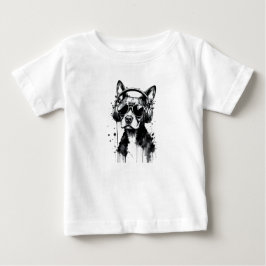 犬クールのヘッドフォンかわいいペット白黒インク ベビーTシャツ