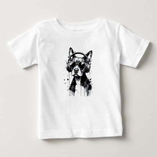 犬クールのヘッドフォンかわいいペット白黒インク ベビーTシャツ (正面)