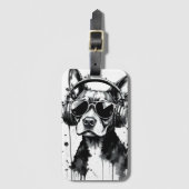 犬クールのヘッドフォンかわいいペット白黒インク ラゲッジタグ (正面縦)