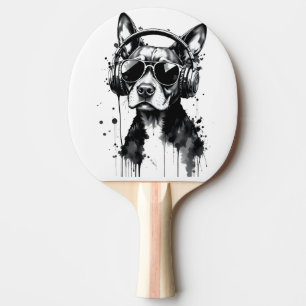 犬クールのヘッドフォンかわいいペット白黒インク 卓球ラケット
