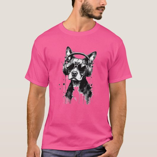 犬クールのヘッドフォンかわいいペット白黒インク Tシャツ (正面)