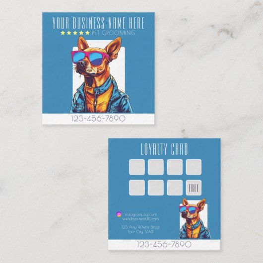 犬クールグルーミングトレンディー及びスタイリッシュロイヤリティ スクエア名刺 (正面/裏面)