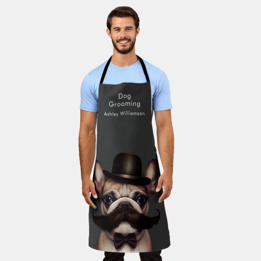 犬グルーミングビジネスおもしろいブフランスのルドッグ エプロン (着用した状態)