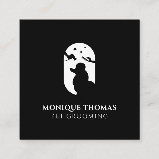 犬グルーミングペットケアロゴ白黒 スクエア名刺 (正面)