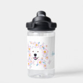 犬サモエイとピンクの花カスタマイズ、名前 ウォーターボトル (背面)