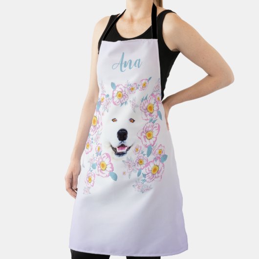 犬サモエイとピンクの花カスタマイズ、名前 エプロン (インサイチュ)